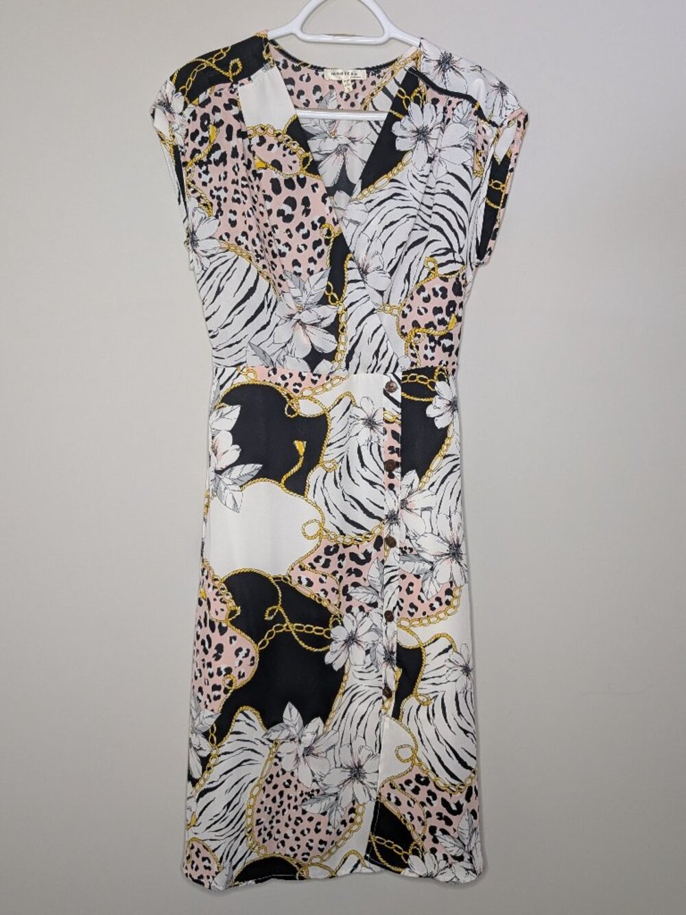 Monteau Mixed Pattern Black White Pink Yellow Crossover Faux Wrap Dress Size S